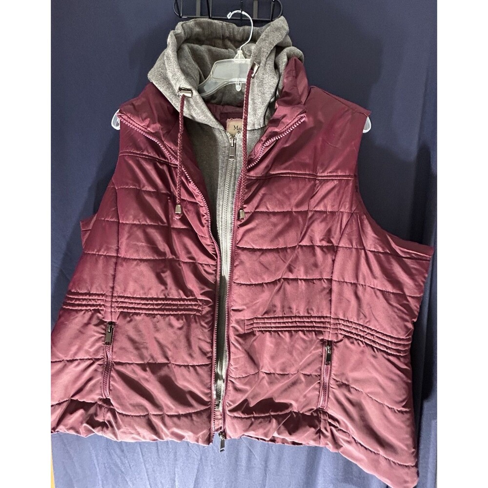 Maralyn & Me Puffer Vest Hooded Womens 3X Burgundy Layered Double Zip EUC